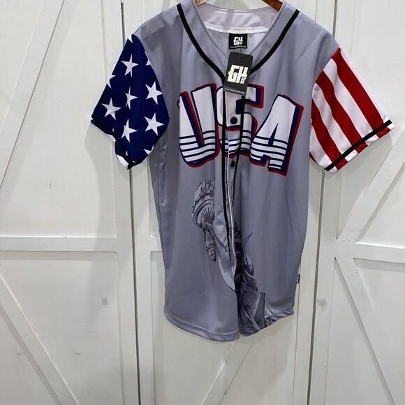 Greater Half Custom Baseball Jersey Button Down USA Grey America #1 Size Medium - Picture 5 of 17